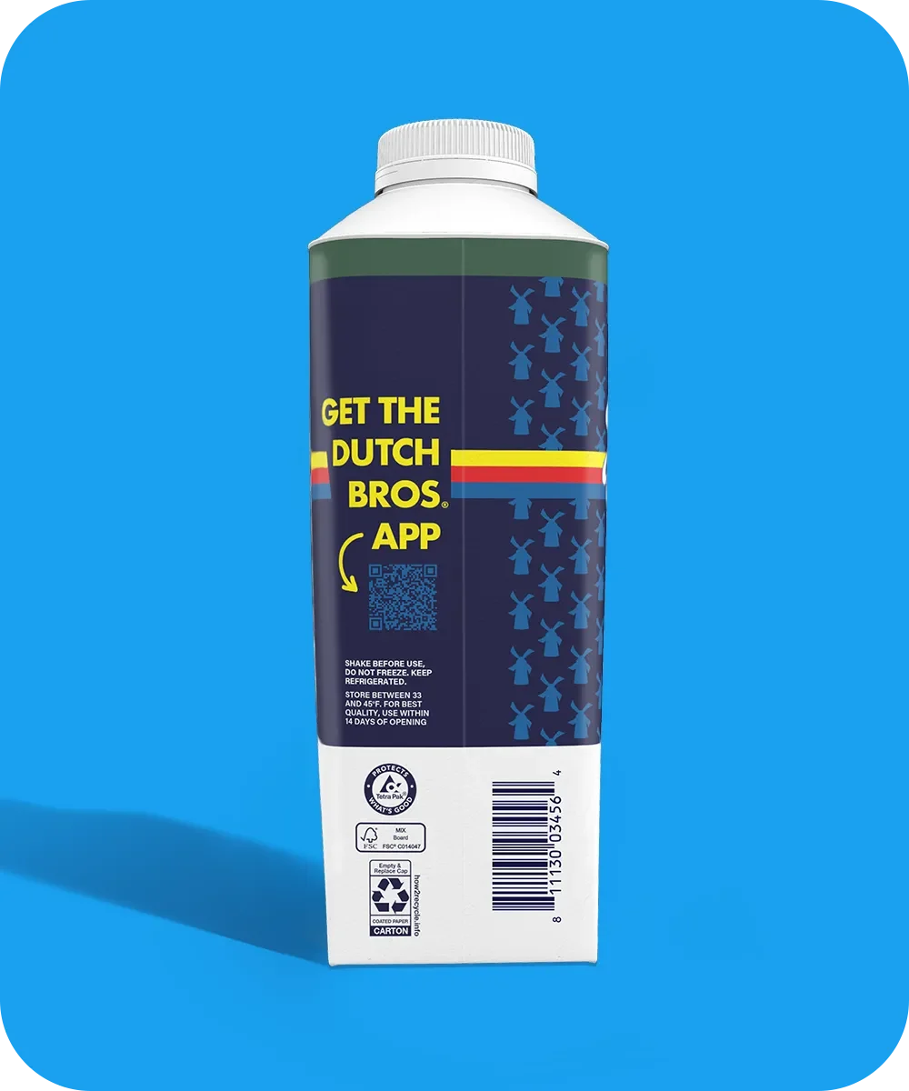 Dutch Bros beverage carton with navy blue design featuring windmill patterns and QR code for app download on blue background.