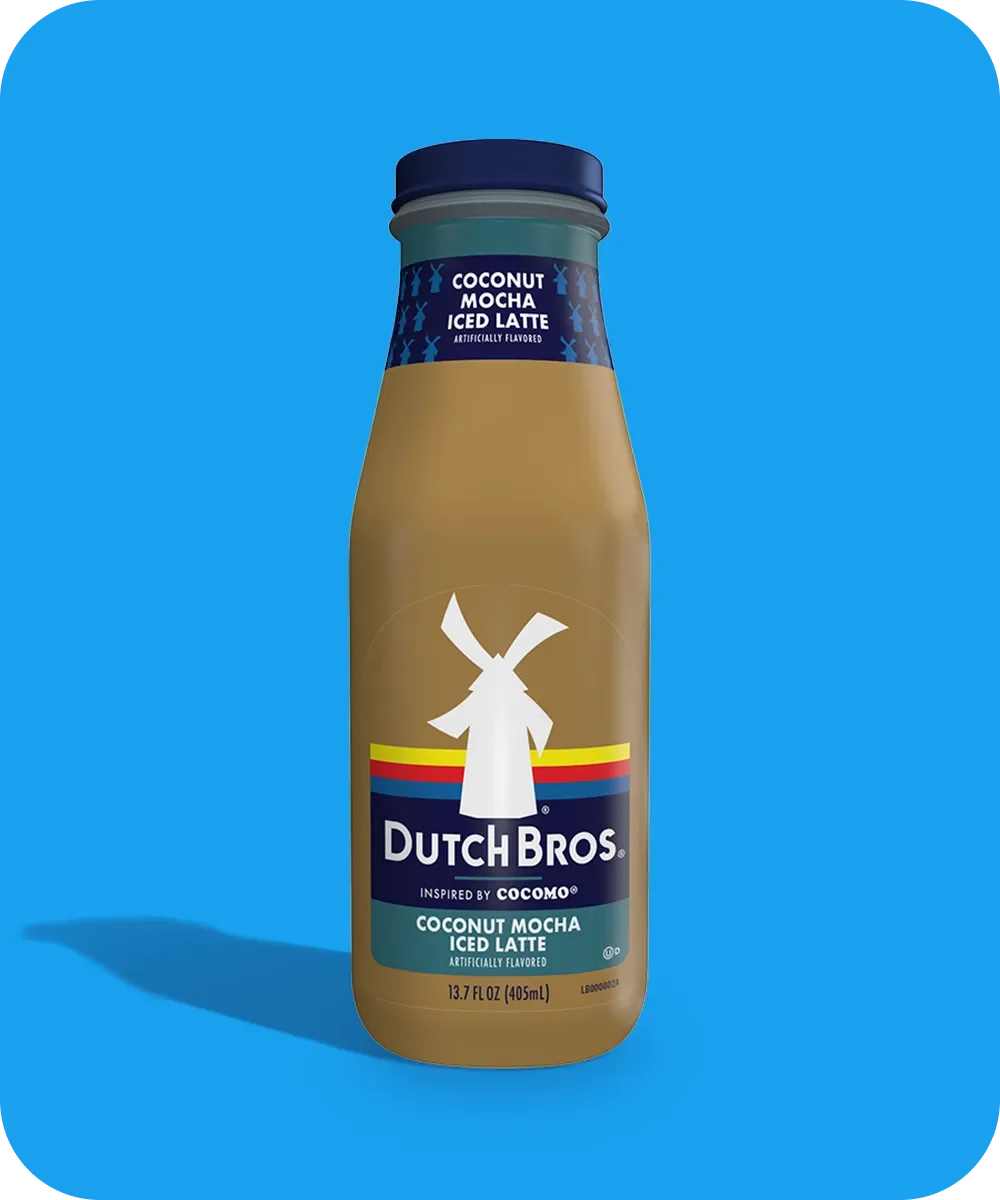 Bottle of Dutch Bros Coconut Mocha Iced Latte with windmill logo on bright blue background, 13.7 fl oz.