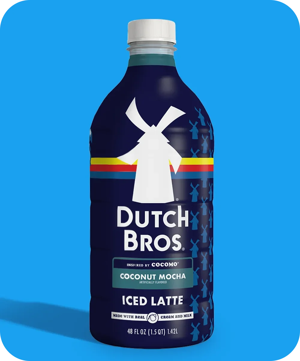 Dutch Bros Coconut Mocha Iced Latte bottle with white windmill logo on dark blue background, 48 fl oz size.