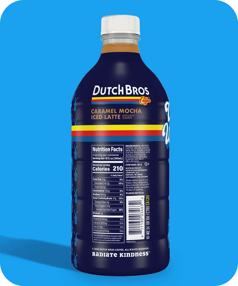 Dutch Bros. Caramel Mocha Iced Latte bottle with nutrition facts displayed against a bright blue background.