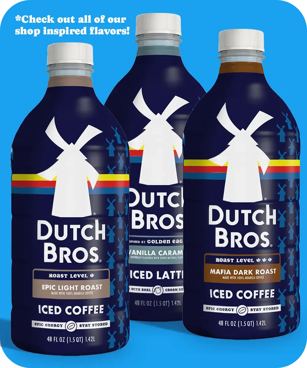 Three Dutch Bros bottled coffee drinks on blue background - light roast, vanilla caramel latte, and dark roast varieties.