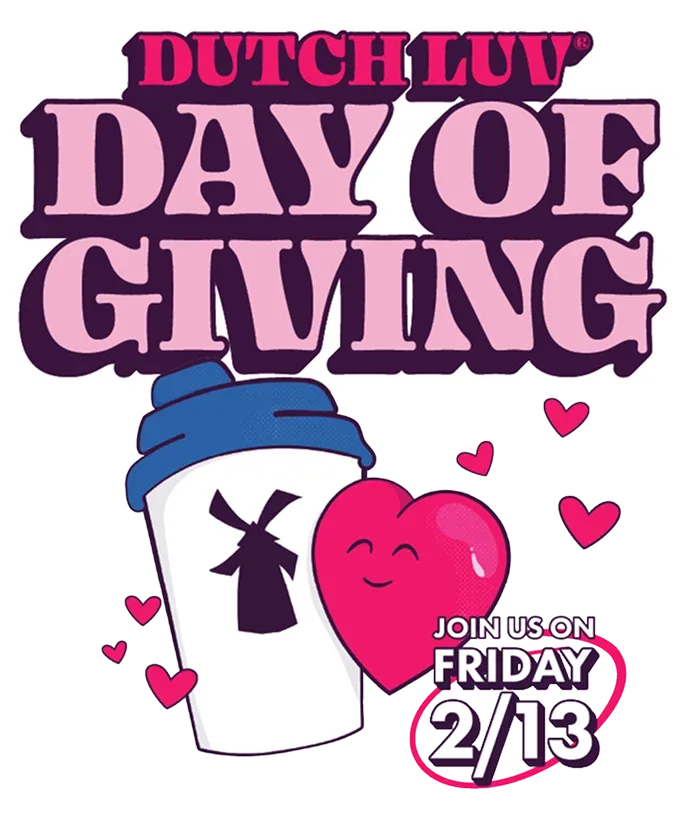 Dutch Luv Day of Giving promotional graphic with coffee cup, pink heart character, and event date Friday 2/13