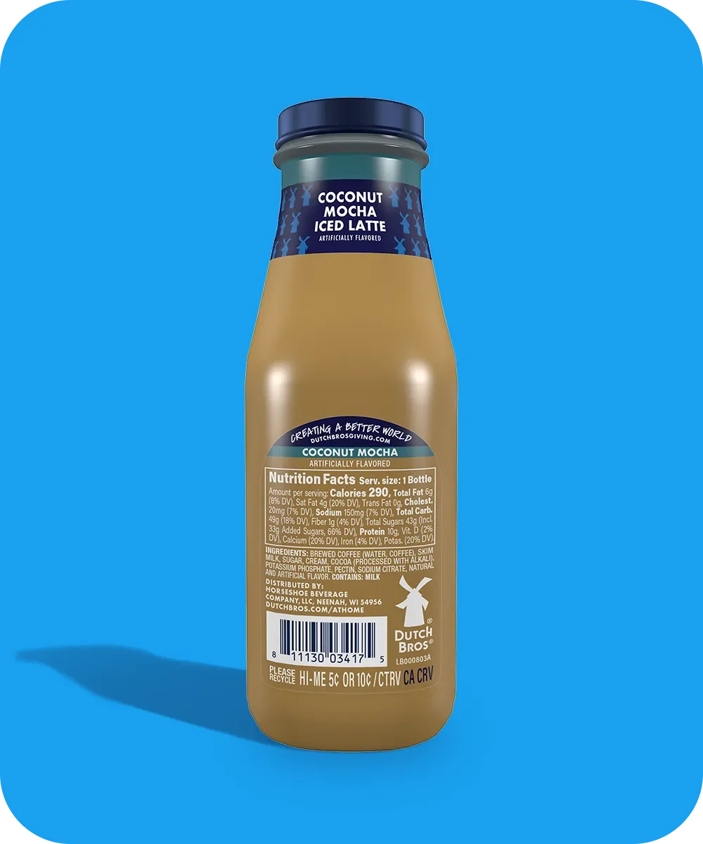 Bottle of Dutch Bros Coconut Mocha Iced Latte with nutrition label displayed against bright blue background.