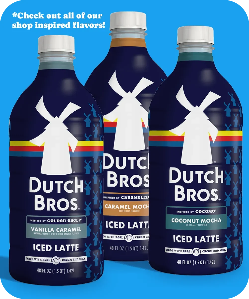 Three Dutch Bros bottled iced lattes in different flavors against a blue background with promotional text.
