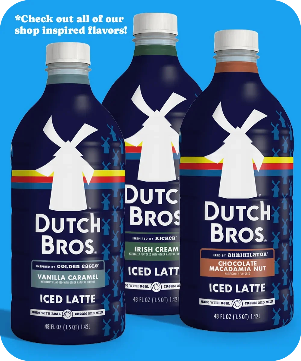 Three Dutch Bros iced latte bottles with different flavors: Vanilla Caramel, Irish Cream, and Chocolate Macadamia Nut.