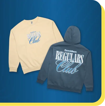 Cream sweatshirt and blue hoodie with "DutchBros REGULARS Club" logo displayed against blue background.