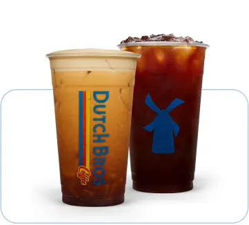 Two Dutch Bros coffee drinks in clear cups - an iced latte and a cold brew with the company logo visible.