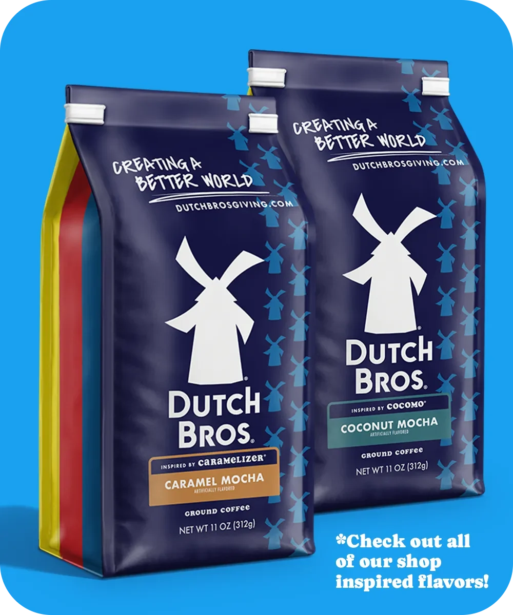 Two Dutch Bros coffee bags featuring Caramel Mocha and Coconut Mocha flavors with windmill logos on blue background.
