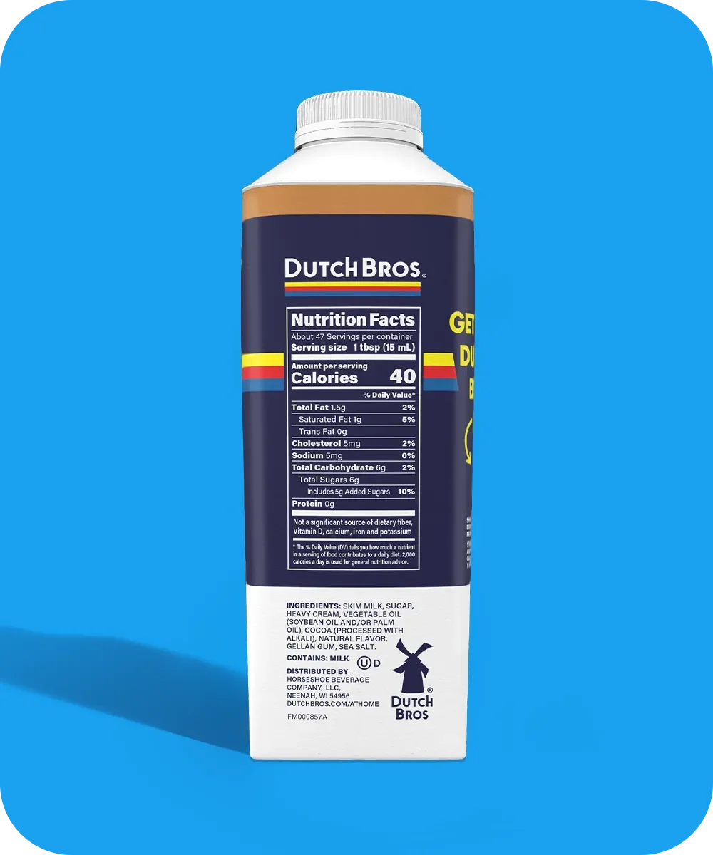 Dutch Bros. coffee creamer bottle showing nutrition facts and ingredients on a bright blue background.