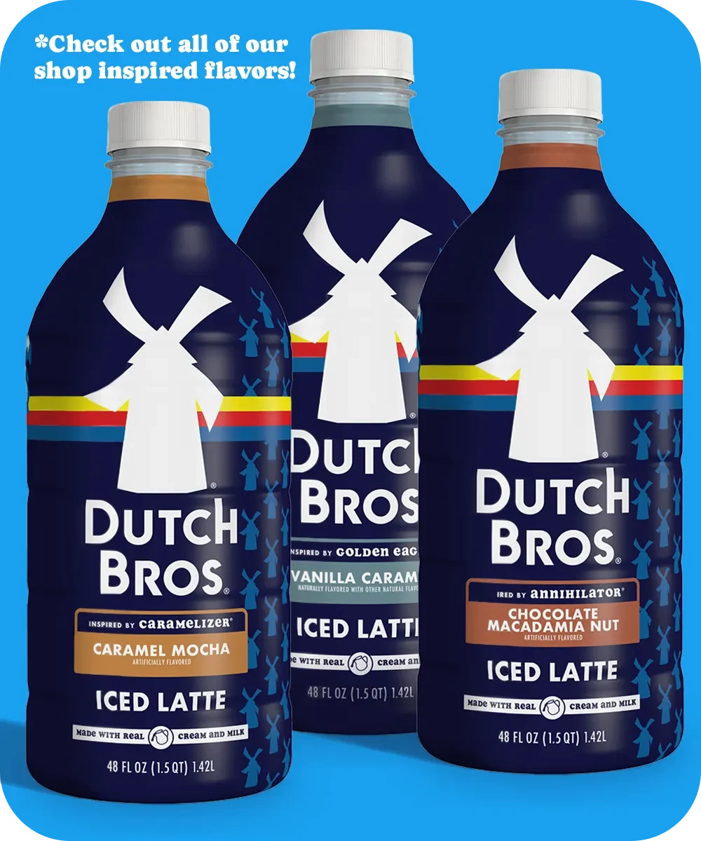 Three Dutch Bros bottled iced lattes in different flavors - Caramel Mocha, Vanilla Caramel, and Chocolate Macadamia Nut.