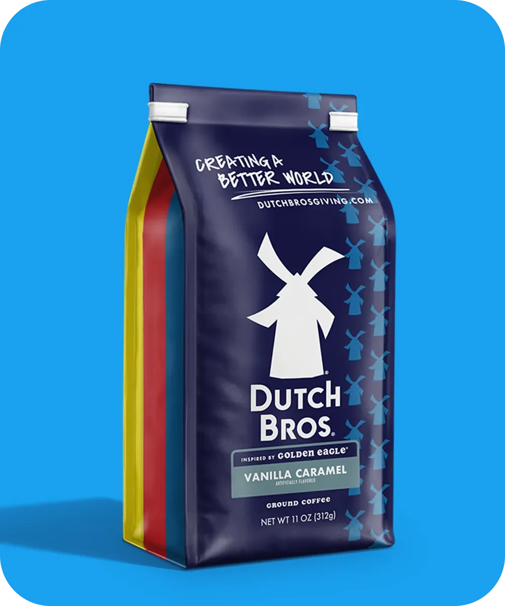 Dutch Bros Vanilla Caramel ground coffee bag with windmill logo on blue background, 11 oz package.
