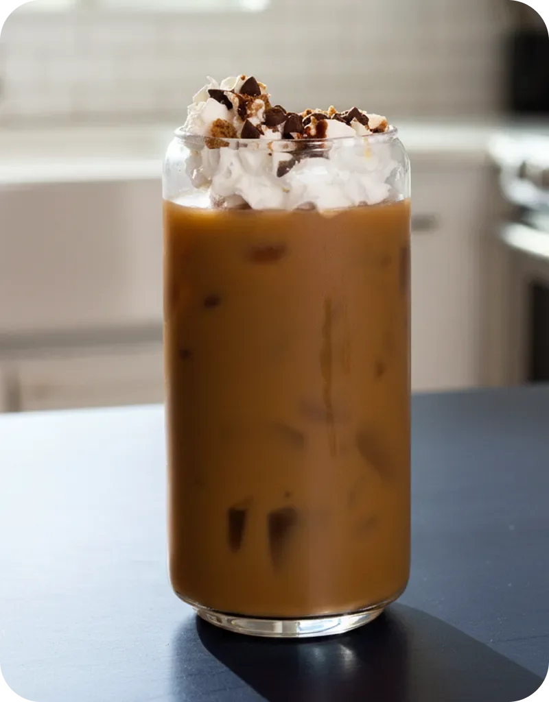 Tall glass of iced coffee topped with whipped cream and chocolate pieces on a dark surface against a bright kitchen background.