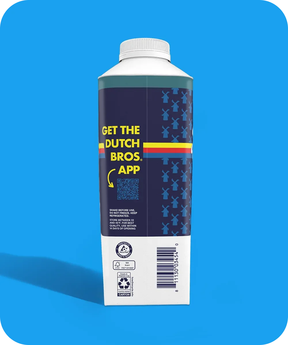 Dutch Bros coffee carton with navy blue design, yellow text promoting app with QR code, against bright blue background.